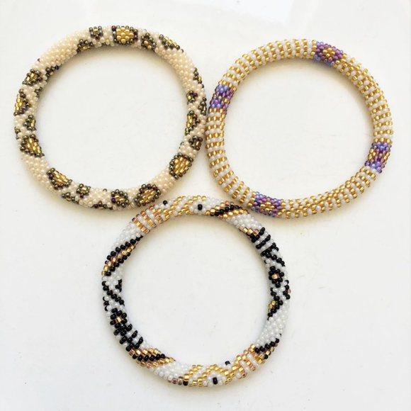 Gold Black White Beaded Roll-on Bracelets-set of 3 - Picture 3 of 3